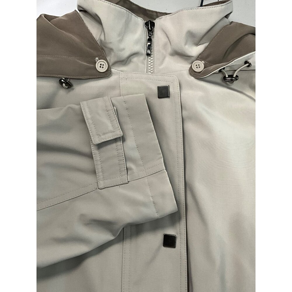 Women's Liz Claiborne Large Beige Hooded Polyester Coat Plaid Lining & Button Ac